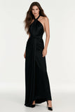 Black Sheath Satin Halter Long Formal Dress with Sash