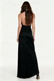 Black Sheath Satin Halter Long Formal Dress with Sash