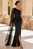 Black Mermaid One Shoulder Long Formal Dress with Slit