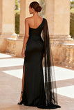 Black Mermaid One Shoulder Long Formal Dress with Slit