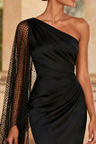 Black Mermaid One Shoulder Long Formal Dress with Slit