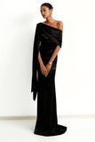 Black Sweep Train One Shoulder Formal Dress with Side Cape