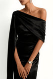 Black Sweep Train One Shoulder Formal Dress with Side Cape
