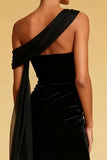Black One Shoulder Mermaid Pleated Long Evening Dress with Slit