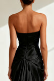 Black Strapless Satin Sequins Long Evening Dress with Slit