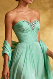 Chiffon Mint Green Strapless Pleated A Line Long Evening Dress