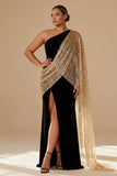 Sparkly Black Sheath One Shoulder Long Formal Dress with Slit