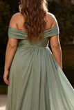 Dusty Sage One Shoulder Pleated A Line Long Plus Size Formal Dress
