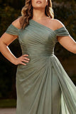 Dusty Sage One Shoulder Pleated A Line Long Plus Size Formal Dress