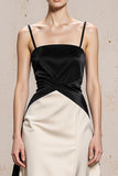 Black White Spaghetti Straps A Line Satin Long Formal Dress