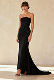 Simple Mermaid Black Pleated Strapless Long Formal Dress