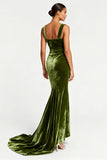 Square Neck Velvet Mermaid Pleated Long Formal Dress