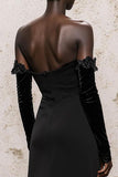Black Sheath Velvet Off the Shoulder Formal Dress with Long Sleeves