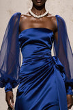 Royal Blue Satin A Line Ruched Formal Dress with Long Sleeves