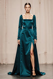 Peacock Blue A Line Square Neck Long Formal Dress with Slit
