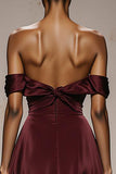 Burgundy Satin Off the Shoulder A Line Long Formal Dress