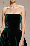Dark Green Strapless Velvet A Line Long Formal Dress with Slit