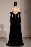 Black Velvet Off the Shoulder Long Formal Dress with Slit