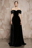 Off the Shoulder A-Line Velvet Black Long Military Ball Dresses