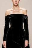 Off the Shoulder A-Line Black Velvet Long Military Ball Dresses with Slit
