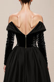 Off the Shoulder A-Line Black Velvet Long Military Ball Dresses with Slit