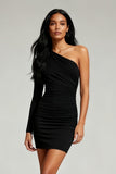 Black Tight One Shoulder Ruched Short Cocktail Dress with Sleeves