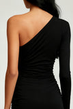 Black Tight One Shoulder Ruched Short Cocktail Dress with Sleeves