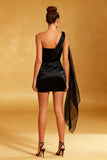 Black Bodycon Satin Short Cocktail Dress with Side Cape