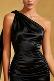 Black Bodycon Satin Short Cocktail Dress with Side Cape