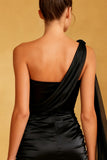 Black Bodycon Satin Short Cocktail Dress with Side Cape