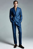 Dark Blue Peak Lapel Double Breasted Men Formal Blazer