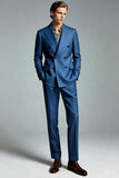 Dark Blue Peak Lapel Double Breasted Men Formal Blazer