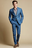 Blue Grey Notched Lapel Single Breasted Men Formal Blazer