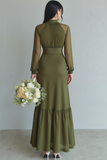 Olive High Neck Sheath Ruffled Bridesmaid Dress with Long Sleeves