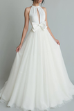 White A Line Organza Bow Crew Neck Long Wedding Dress with Keyhole