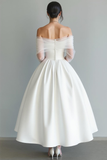 White A Line Off The Shoulder Long Wedding Dress with Tulle