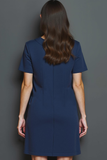 Navy A Line Round Neck Buttons Short Work Dress with Sleeves