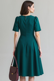 Dark Green Round Neck Short Sleeves A Line Midi Work Dress