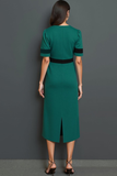 Dark Green A Line Short Sleeves Long Work Dress with Buttons