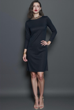 Black Pencil Round Neck Midi Work Dress with Sleeves