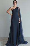 Navy Sheath One Shoulder Long Formal Dress with Cape