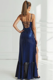 Sparkly Navy Sequin Sheath Spaghetti Straps Long Prom Dress with Ruffles