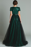 Sparkly Dark Green V-Neck Sequin A Line Long Formal Dress with Sleeves