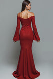 Red Cold Shoulder Mermaid Long Formal Dress with Sleeves