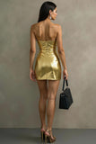Golden Metallic Bodycon Cowl Neck Short Cocktail Dress