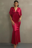Fuchsia Satin Mermaid V-Neck Long Formal Dress