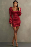 Red Bodycon Satin Short Cocktail Dress with Sleeves