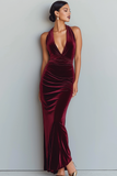 Cabernet Velvet Mermaid Halter Long Holiday Party Dress