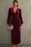 Cabernet Velvet Sheath Long Sleeve Midi Holiday Party Dress