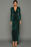 Dark Green Velvet Sheath V-Neck Long Holiday Party Dress